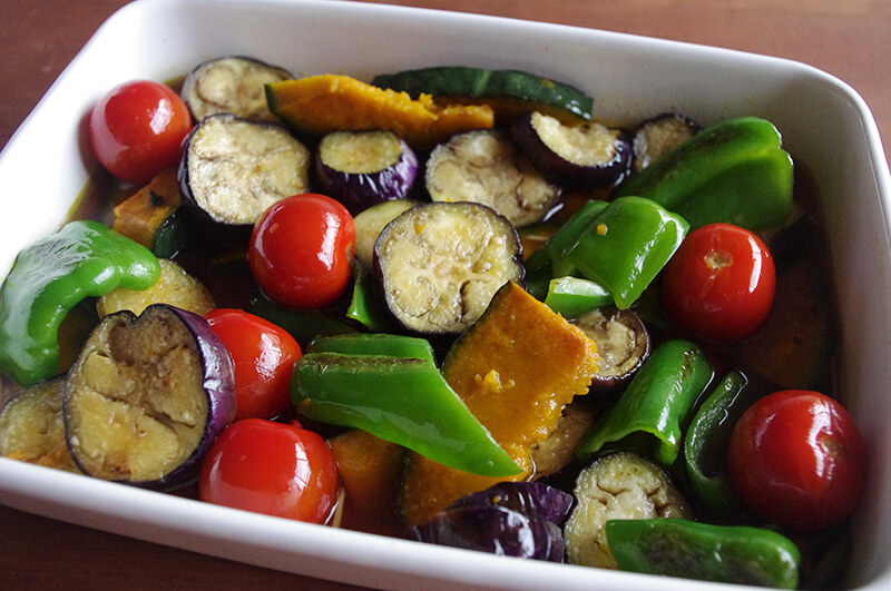 夏野菜の焼きびたし/夏の　野菜を　使った　簡単な　料理です。